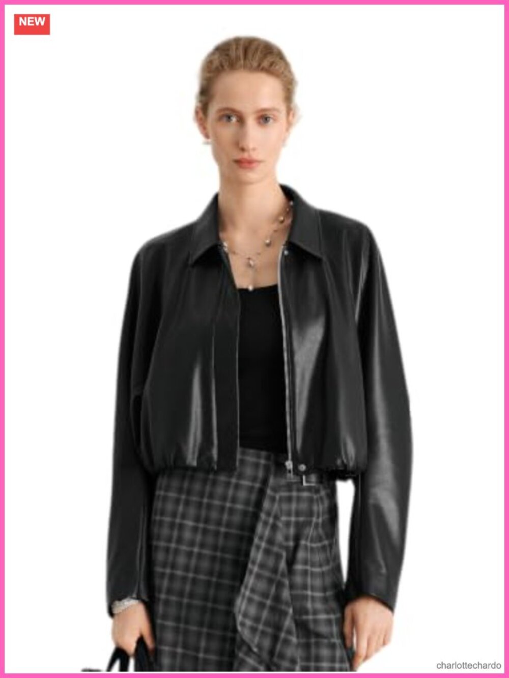 Faux Leather Cropped Jacket Elastic Hem Long Sleeve Coat